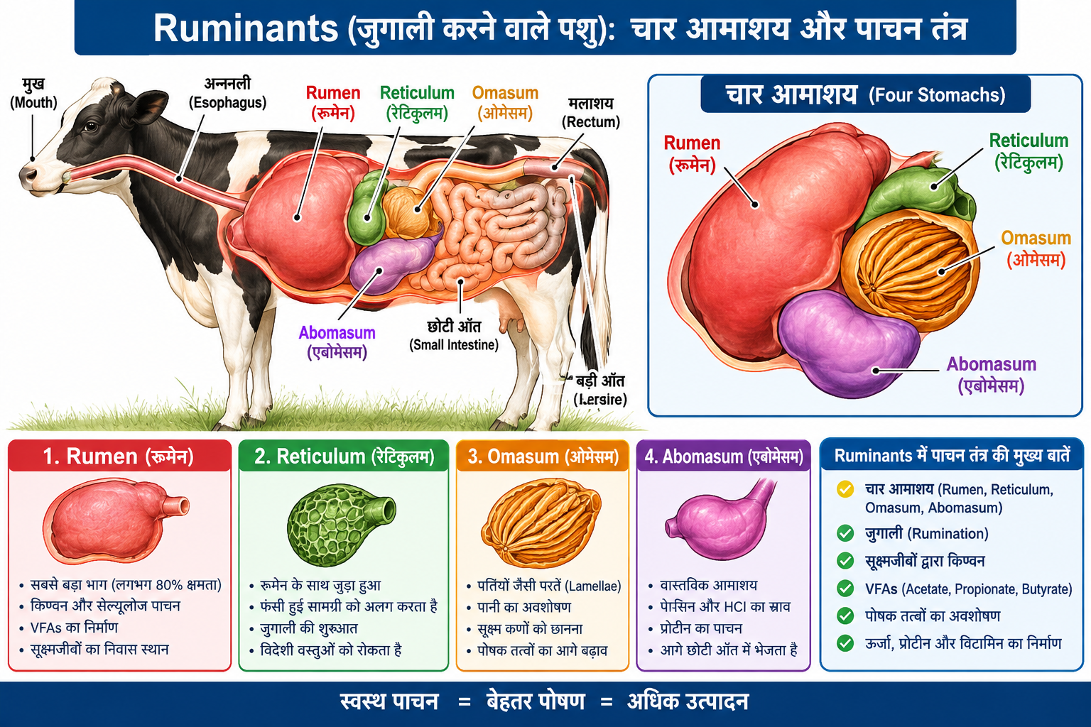 Ruminants four stomachs anatomy – Rumen, Reticulum, Omasum and Abomasum